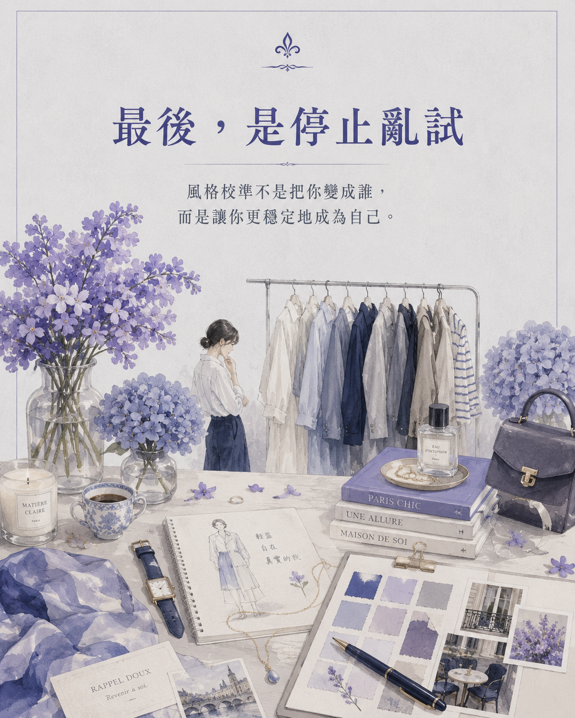 不同生活階段的穿搭計畫、衣櫃清單、色票與藍紫色配件放在桌面上，呈現風格校準是可持續使用的系統