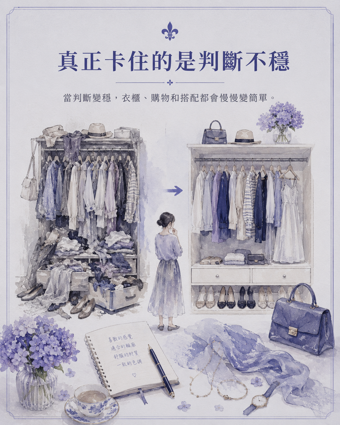 衣櫃從混亂到整齊的對比畫面，搭配色票、鞋包與風格筆記，呈現風格校準解決判斷不穩