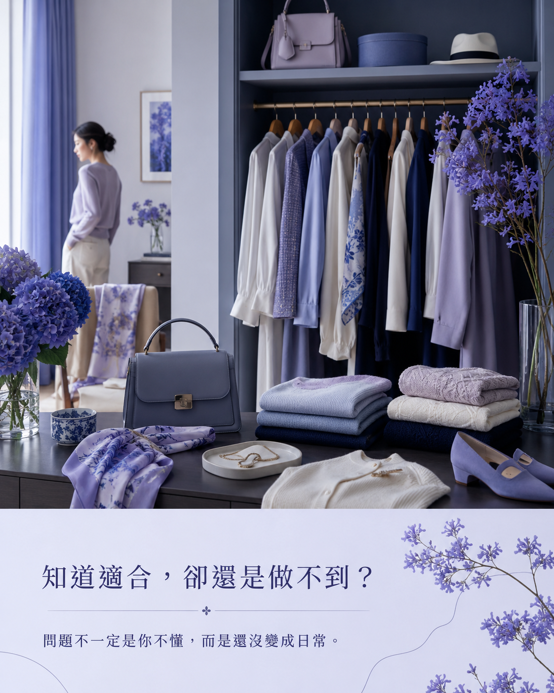 女性在衣櫃前比較適合色衣服,呈現從知道適合到真正執行的差距