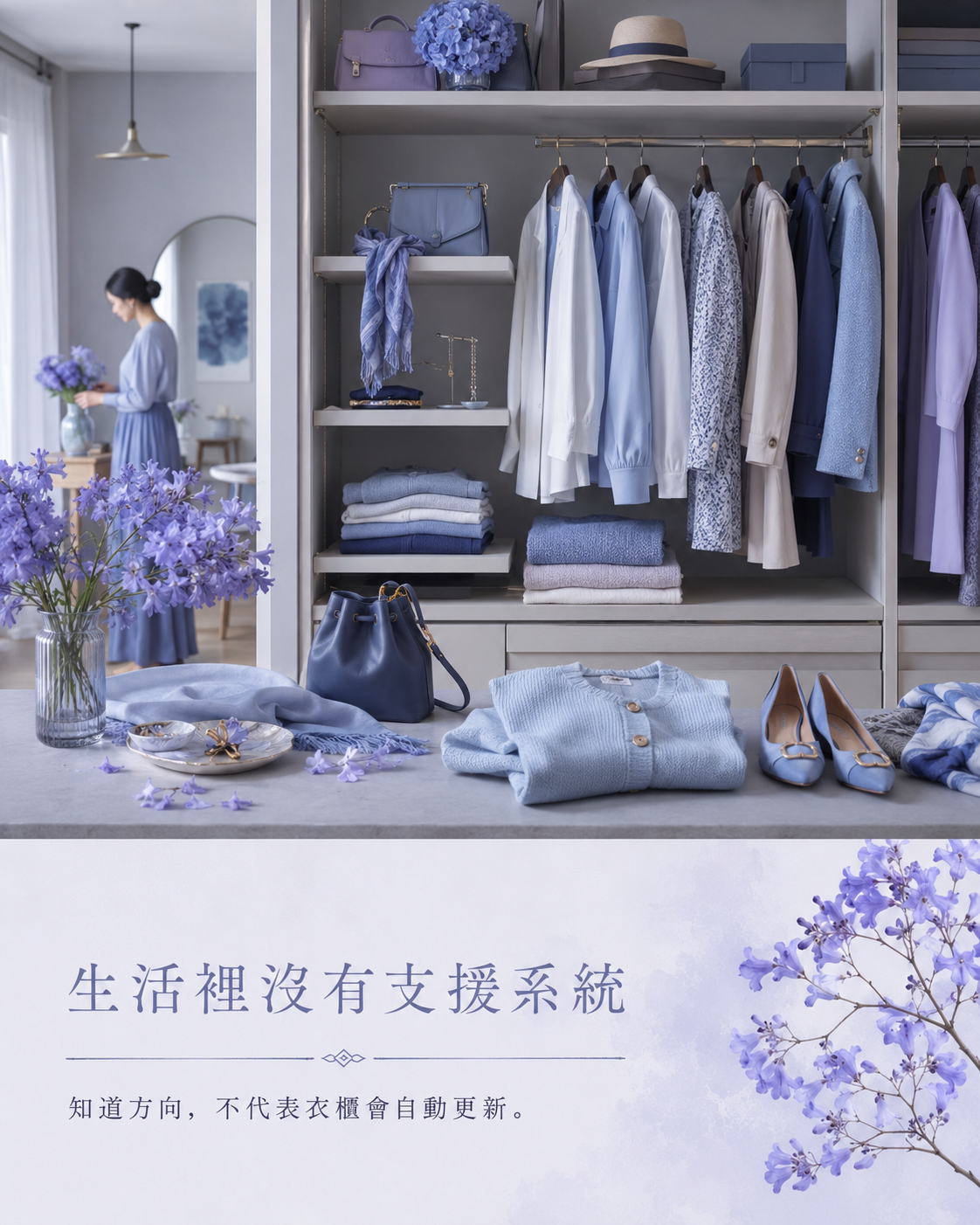 衣櫃中藍紫色與中性色衣服整齊排列,呈現讓生活環境支援穿搭選擇