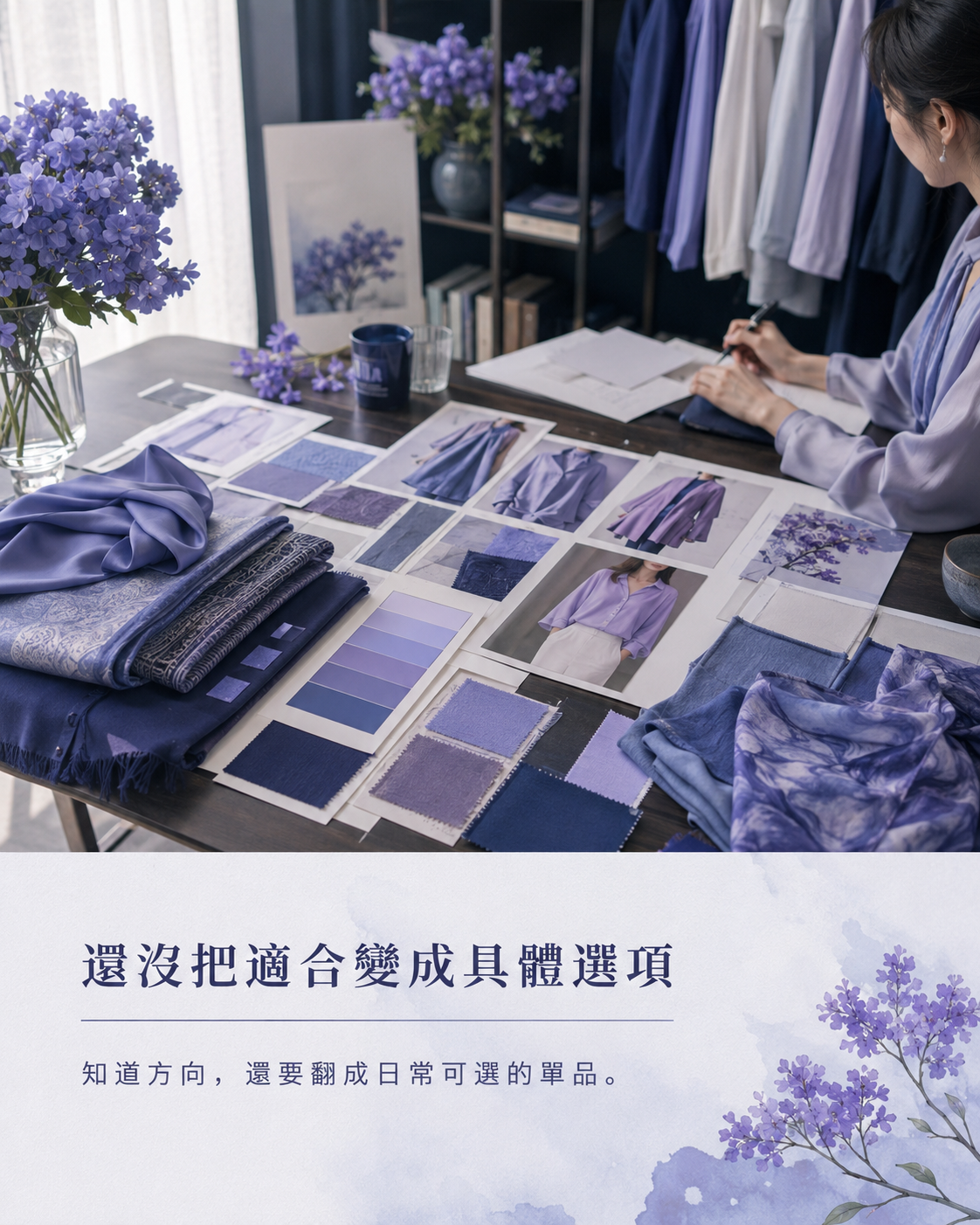 色票布料衣服與穿搭照片放在桌面上,呈現把適合方向轉換成具體單品選項