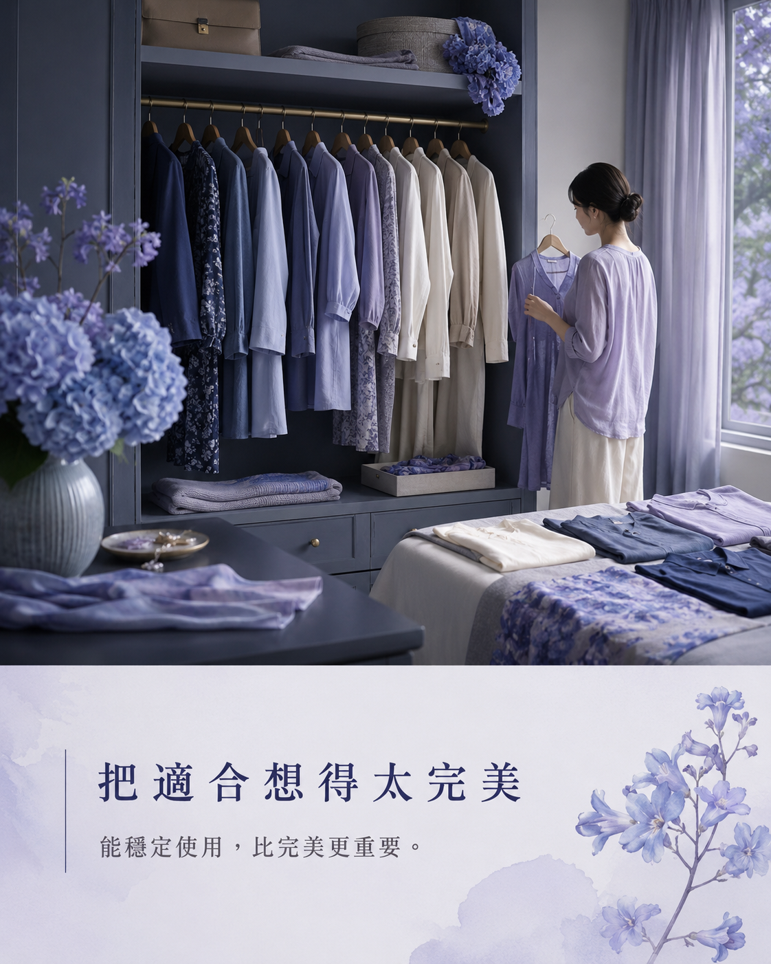女性面對多件藍紫色衣服與色卡思考,呈現過度追求完美適合造成選擇困難