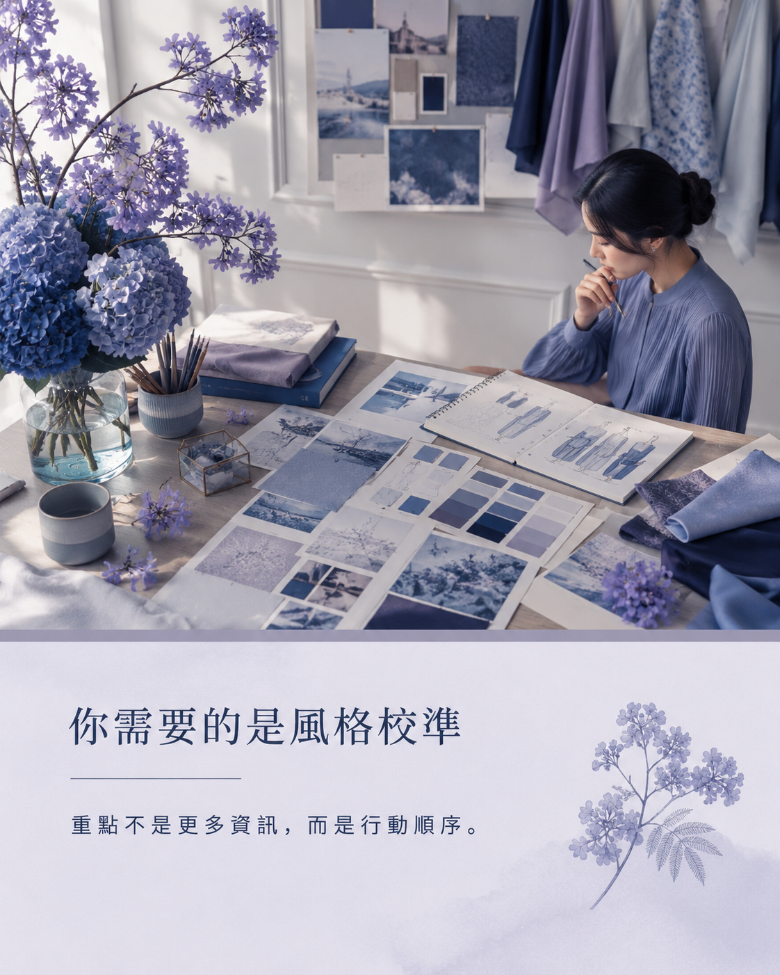 風格顧問工作桌上放著色票布料穿搭照片與筆記,呈現把資訊整理成可執行順序