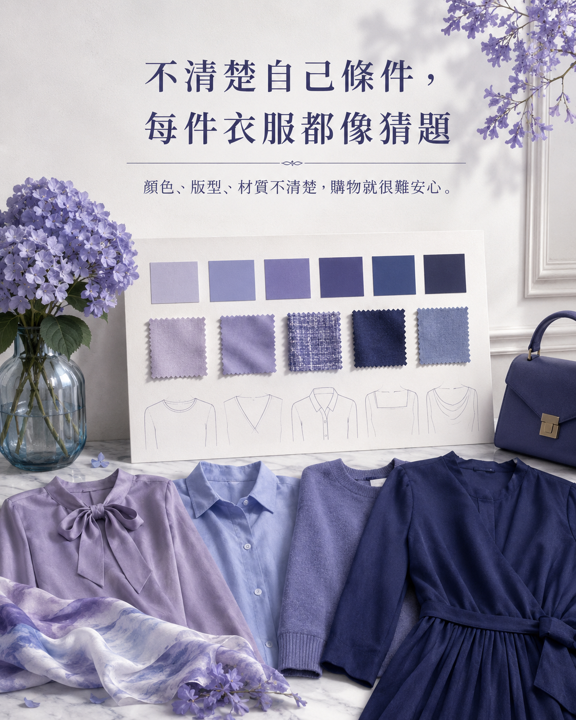 色票布料衣服與穿搭照片放在桌面上,呈現把適合方向轉換成具體單品選項