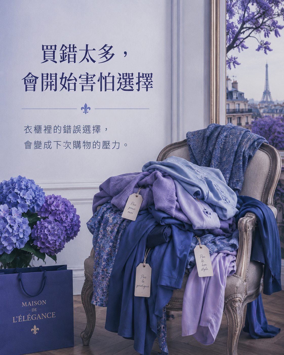 色彩分析色票、布料、版型照片與藍紫色單品放在桌面上,呈現購物判斷基準