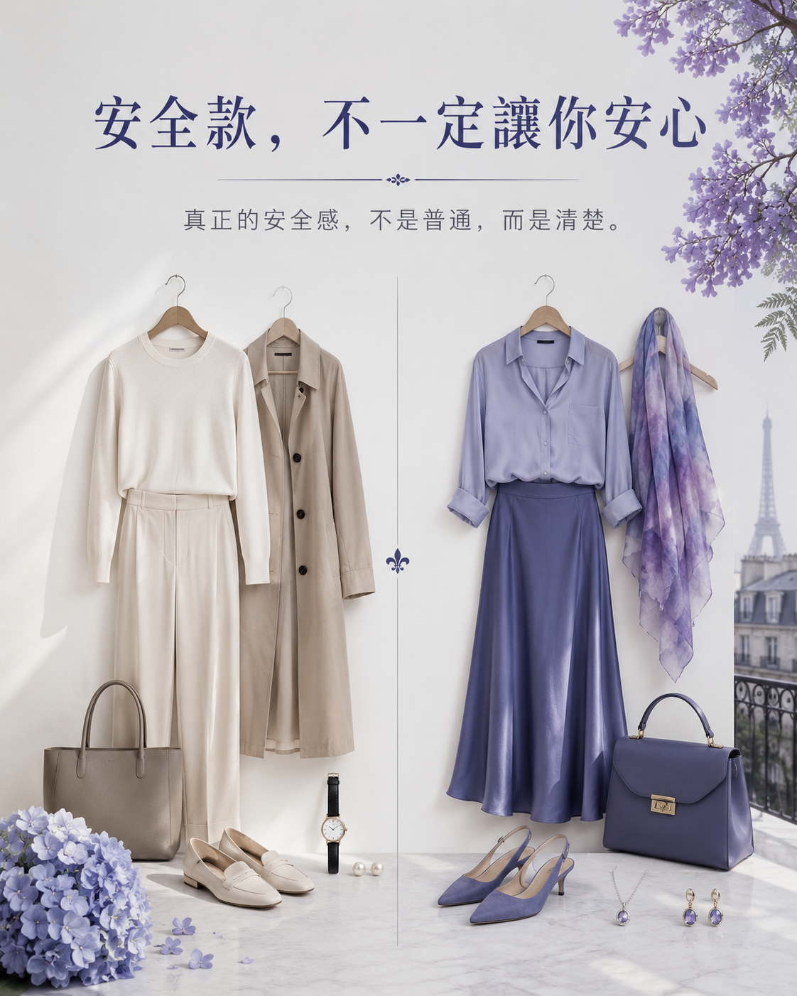 精緻洋裝、高跟鞋與日常襯衫牛仔褲並排,呈現想像風格和真實生活需求的差異