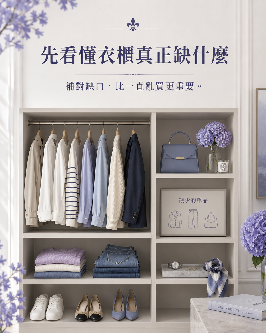 黑白灰米色與藍紫色基本款衣服排列在衣櫃中,呈現安全款不一定有風格安全感