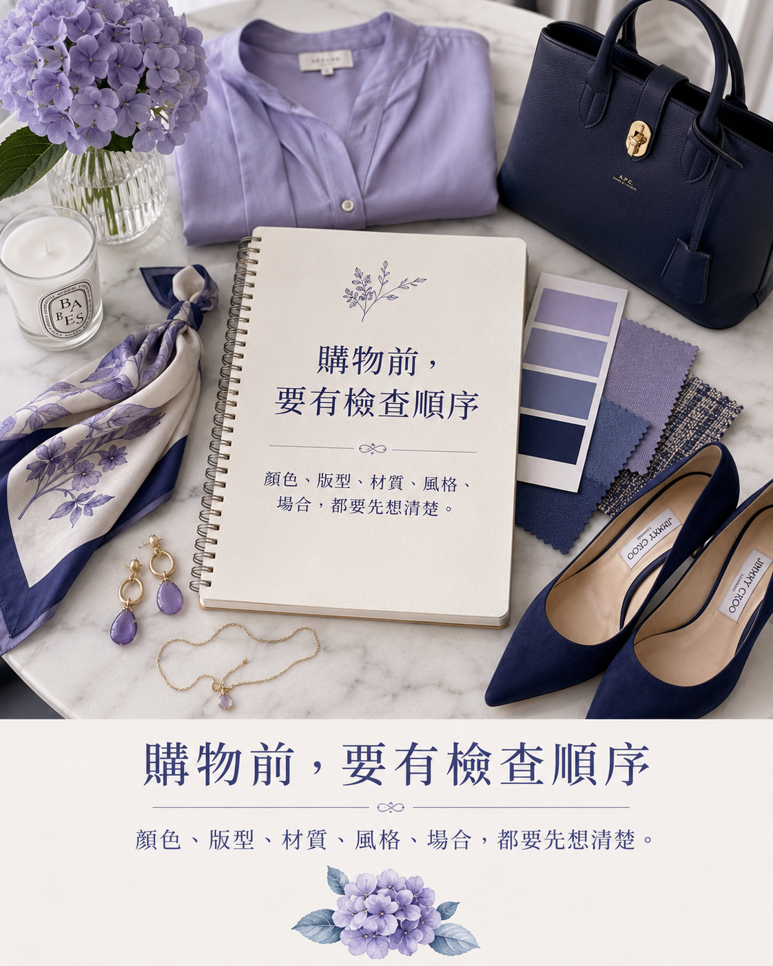 風格顧問筆記本、色票、衣服照片與購物清單放在桌面上,呈現購物前檢查順序