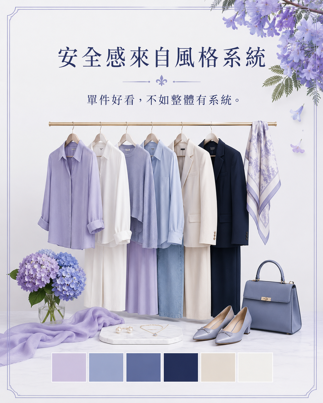 藍紫色衣服、包包、鞋子、色票與穿搭照片整理成完整風格系統
