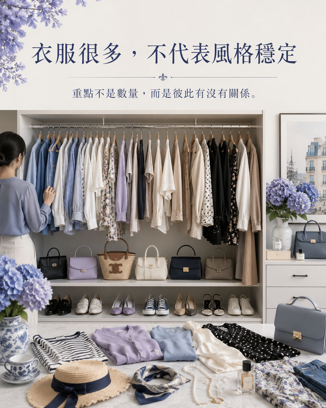滿滿衣櫃中有多件不同風格衣服，呈現衣服很多但風格不一定穩定