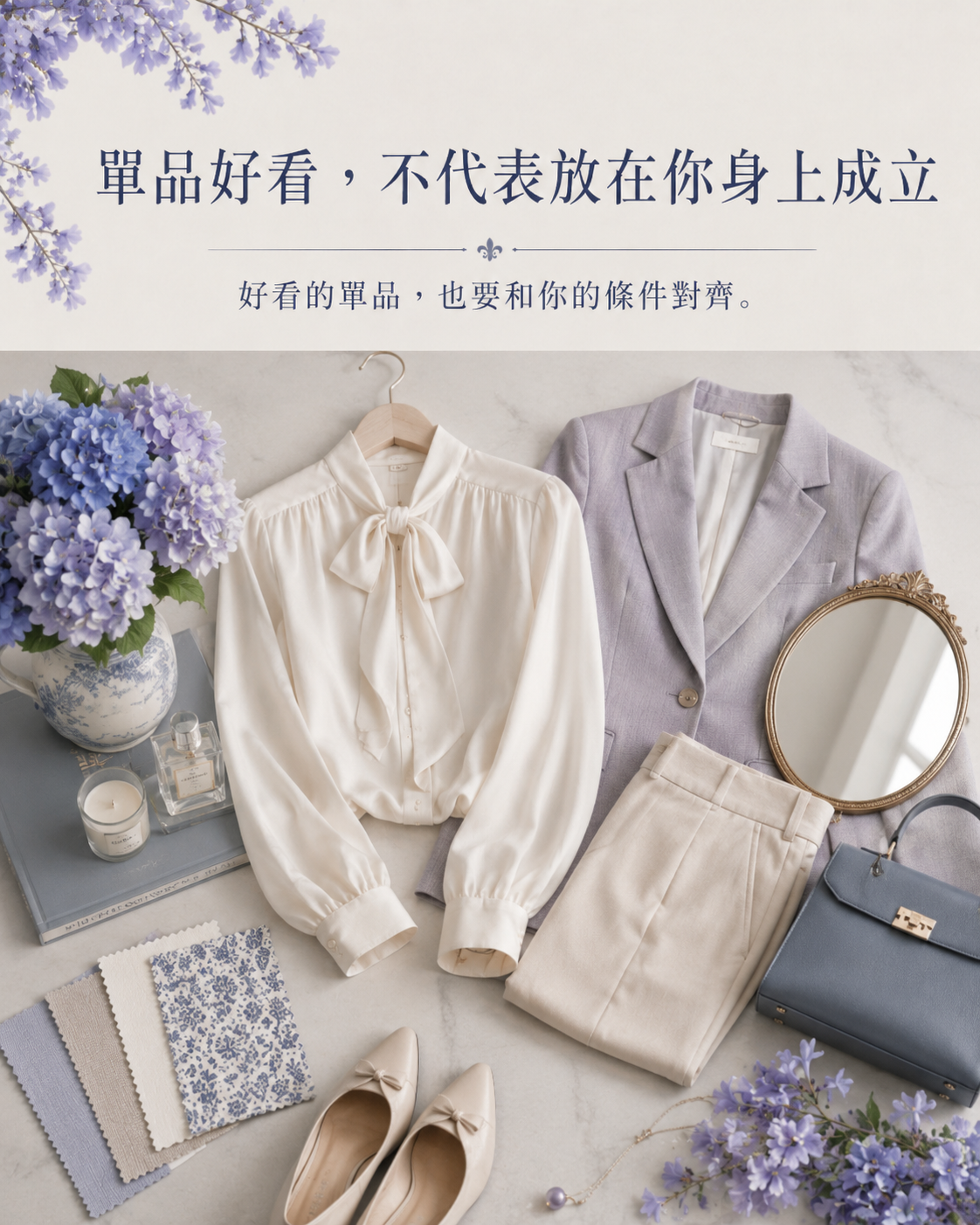 漂亮單品、色票、版型草圖與繡球花放在桌面上，呈現單品好看仍需要符合個人條件