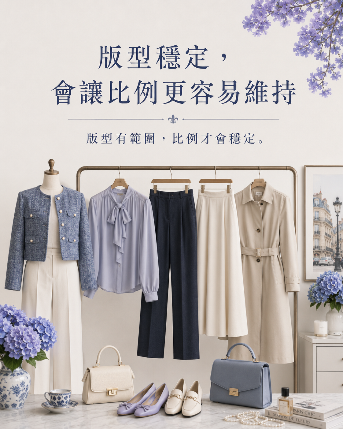不同版型的襯衫、直筒褲、長裙與外套排列在衣架上，呈現穩定版型範圍