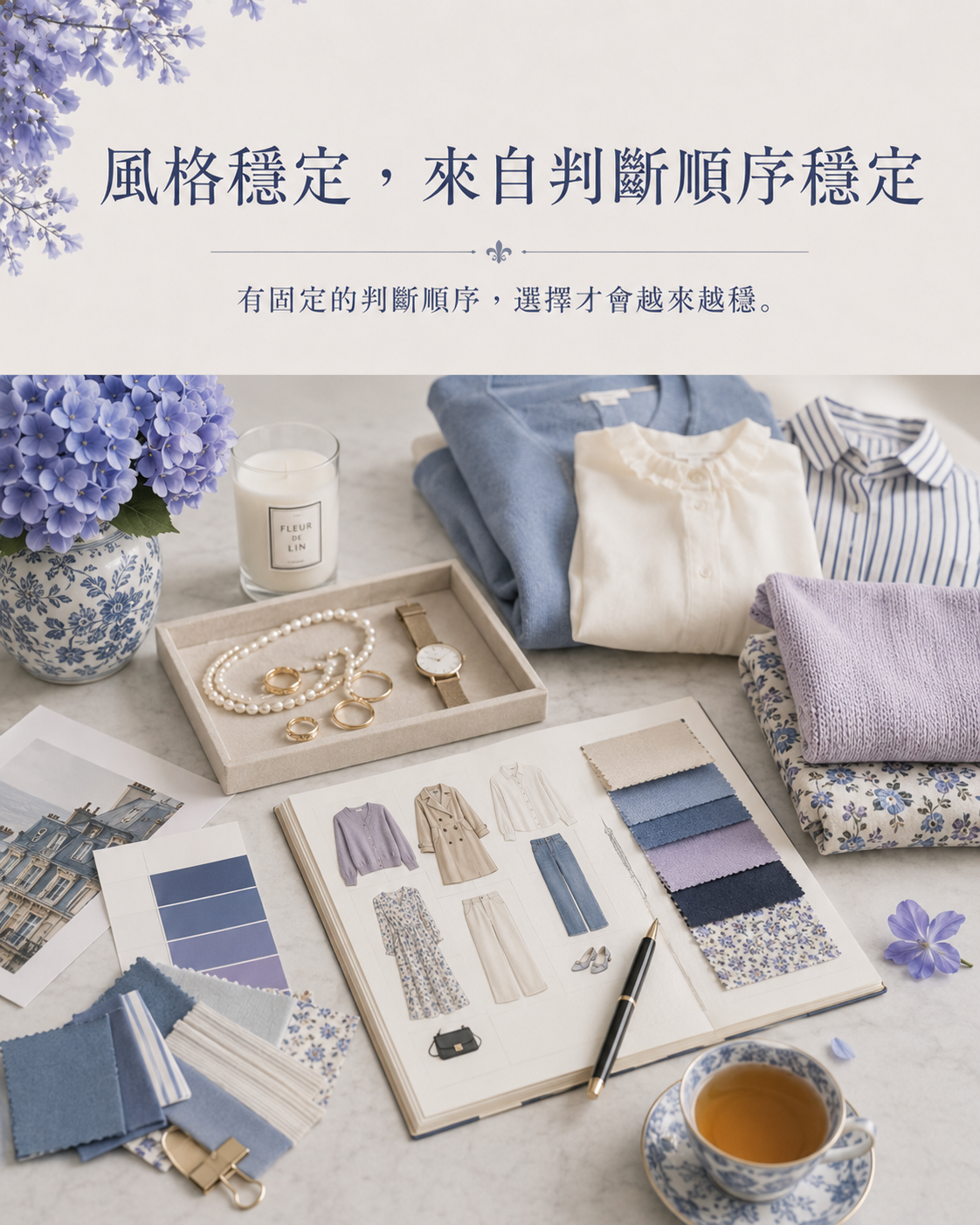 風格顧問筆記本、色票、服裝照片與藍紫色配件放在桌面上，呈現穩定的穿搭判斷順序