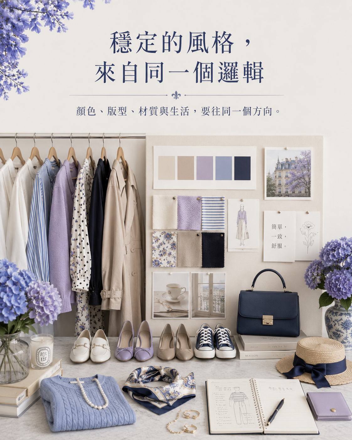 色彩系統、版型照片、材質樣本、鞋包配件與衣櫃計畫板整齊排列，呈現完整風格系統