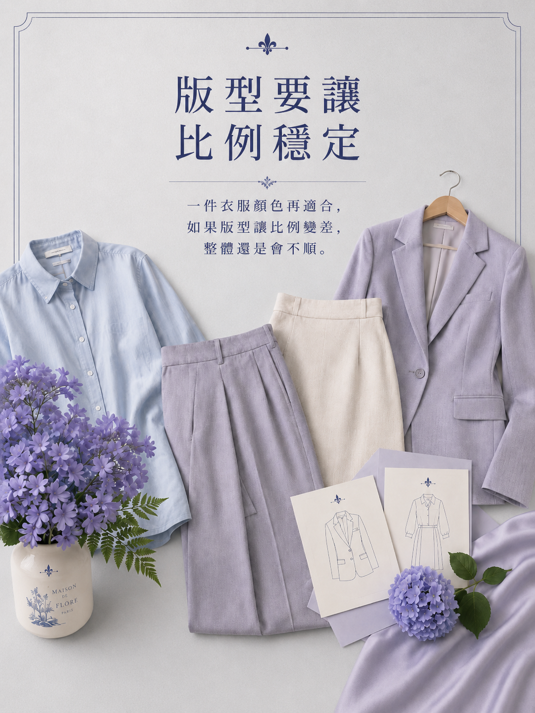 襯衫、直筒褲、長裙與外套整齊排列,呈現挑衣服時檢查版型和比例