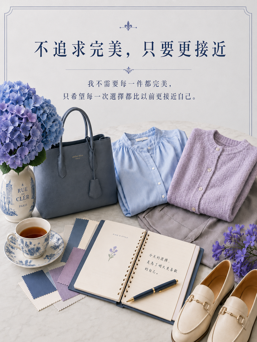 衣櫃計畫板、色票、服裝照片與配件放在桌面上,呈現每次選擇都更接近自己的過程