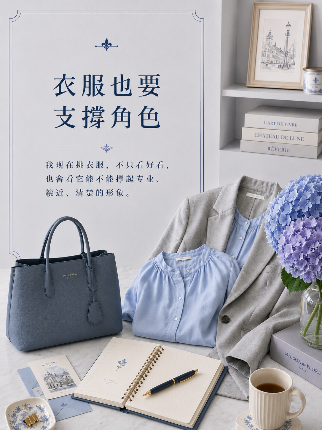 藍紫色襯衫、西裝外套、筆記本與工作室物品擺放在一起,呈現衣服支撐顧問角色
