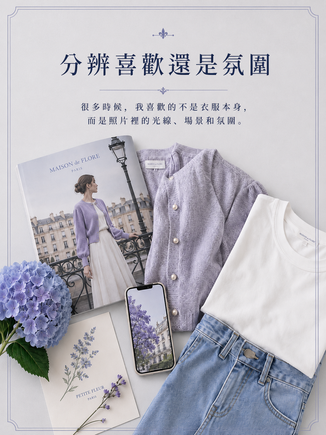 品牌形象照片、法式場景、漂亮洋裝與日常襯衫並排,呈現分辨喜歡和氛圍吸引