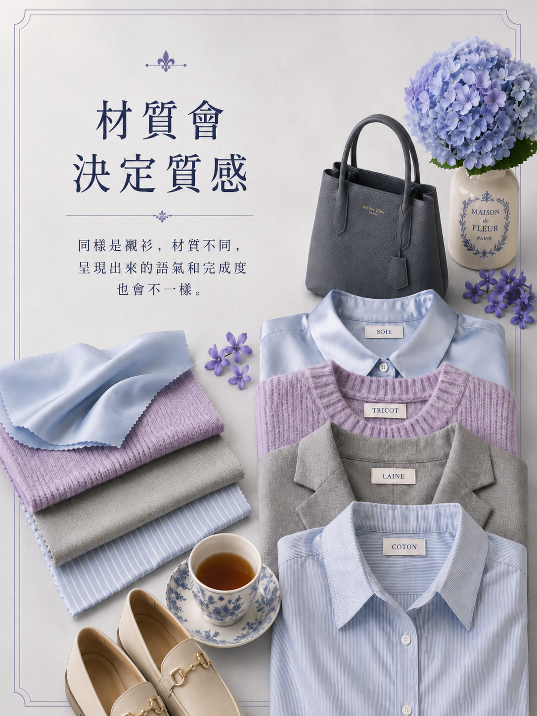絲質、針織、西裝布、丹寧與繡球花放在桌面上,呈現挑衣服時重視材質質感