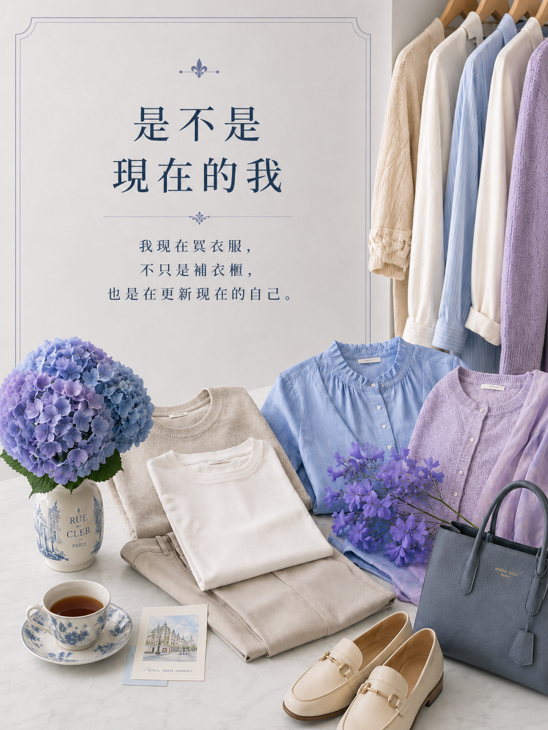 舊衣服與新的藍紫色風格單品並排,呈現挑衣服時檢查是否符合現在的自己