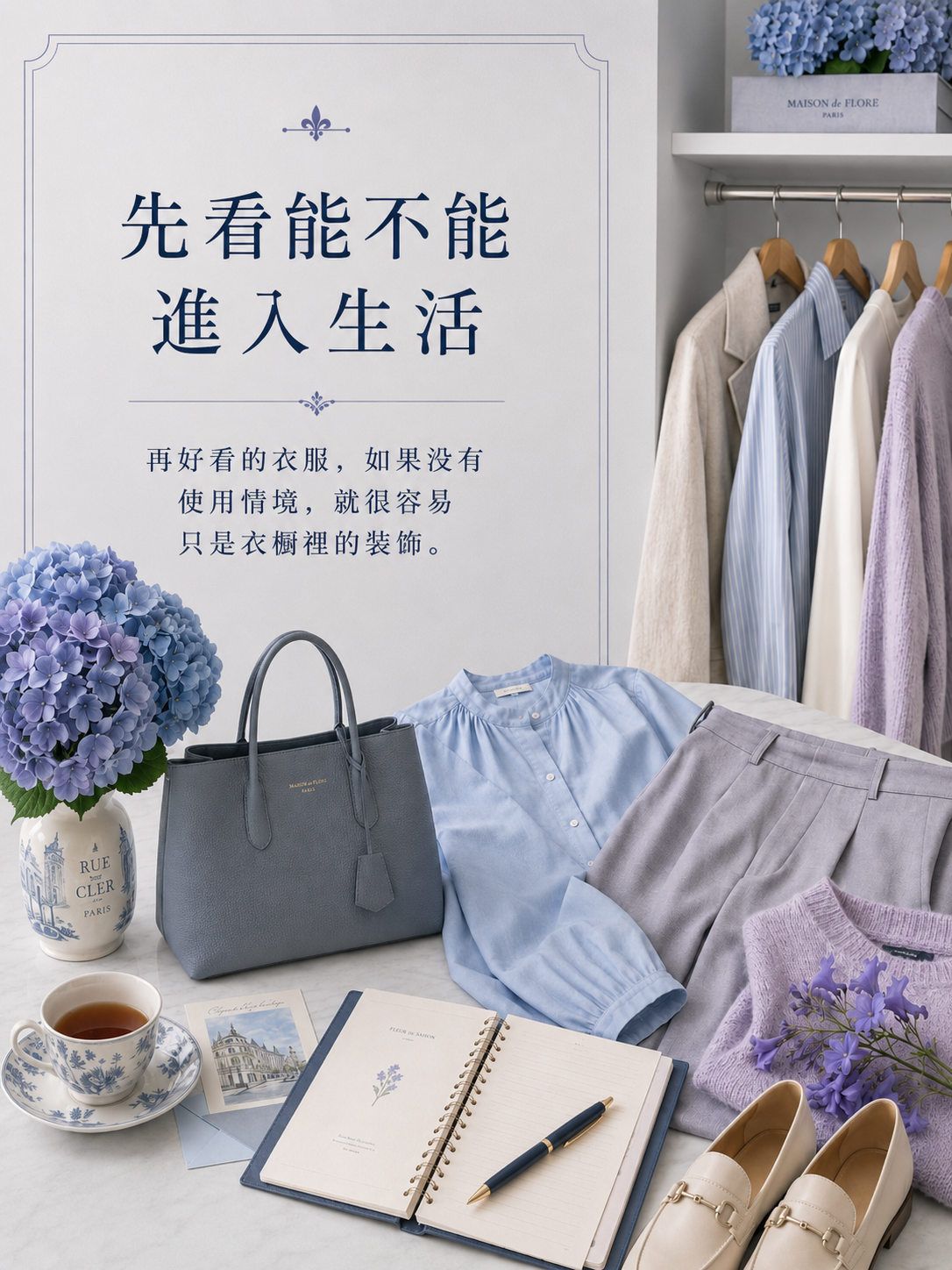 日常襯衫、平底鞋、通勤包與繡球花放在桌面上,呈現衣服是否能進入生活的判斷