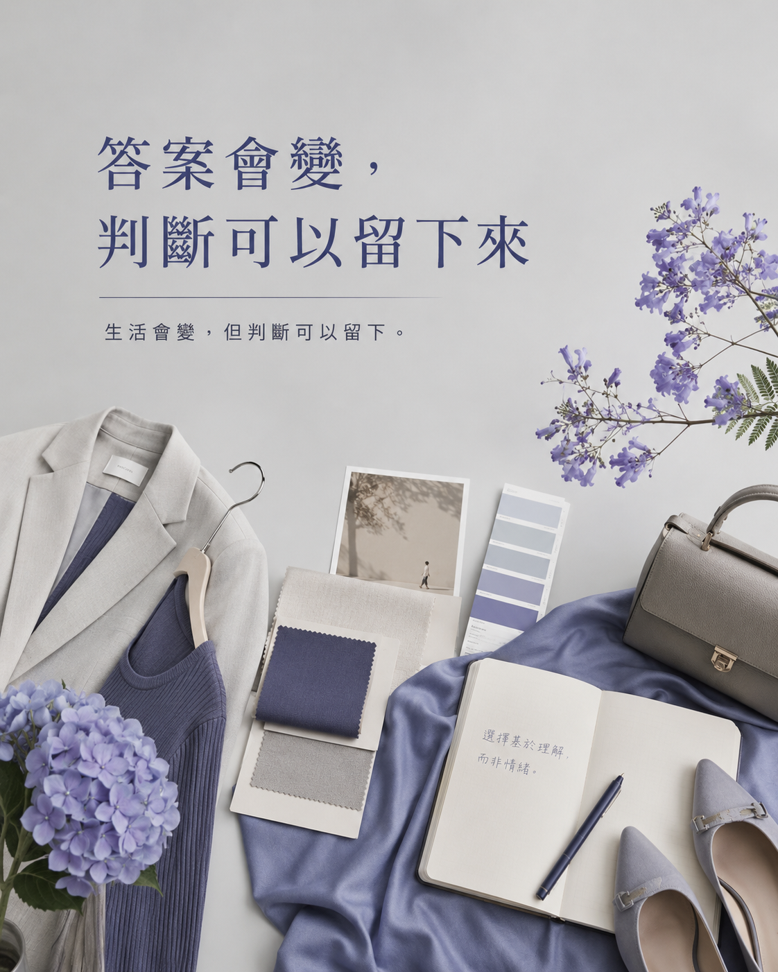 風格筆記本、藍紫色色票、襯衫與繡球花放在桌面上，呈現答案會變但判斷邏輯可以留下