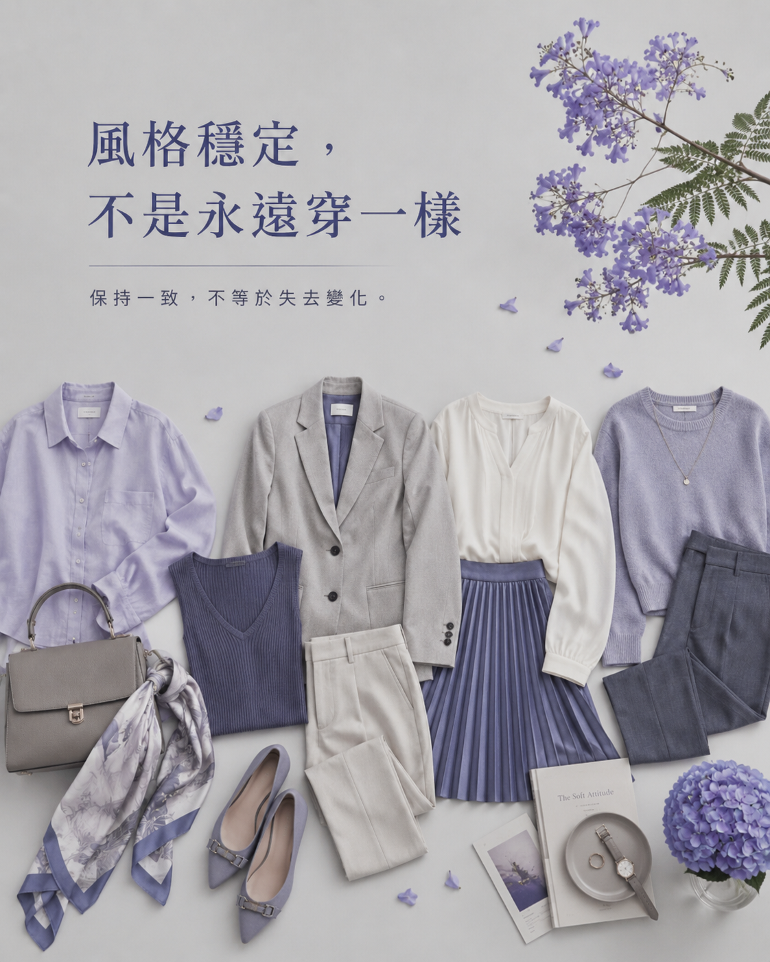 不同場合的藍紫色服裝、鞋包與配件排列在一起，呈現風格穩定不是每天穿一樣