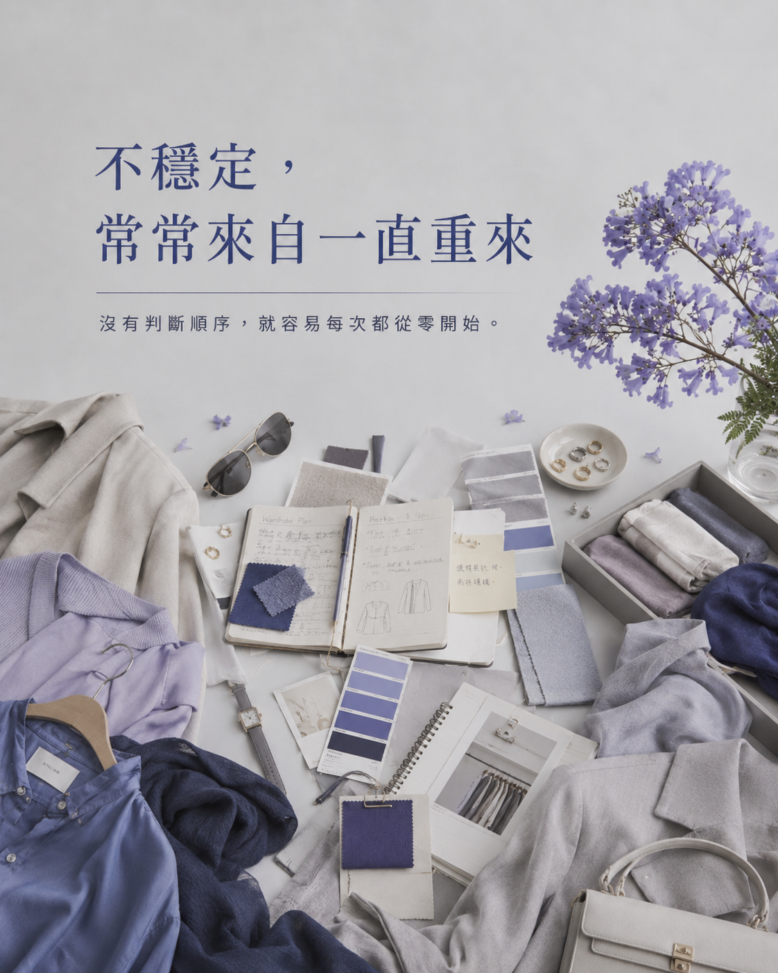衣櫃前散放多件不同風格衣服與配件，呈現每天穿衣服都像重新開始的混亂感