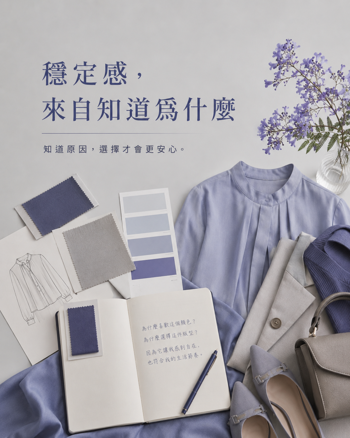 色彩分析卡、版型草圖、材質樣本與服裝筆記放在淺銀灰色桌面上，呈現知道選擇原因帶來風格穩定