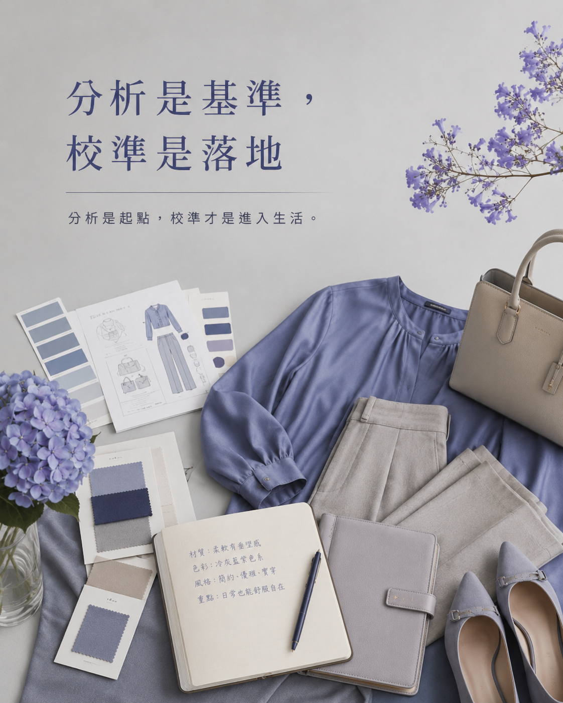 色彩顏型骨架分析資料與日常衣服鞋包並排，呈現分析結果需要校準到生活裡