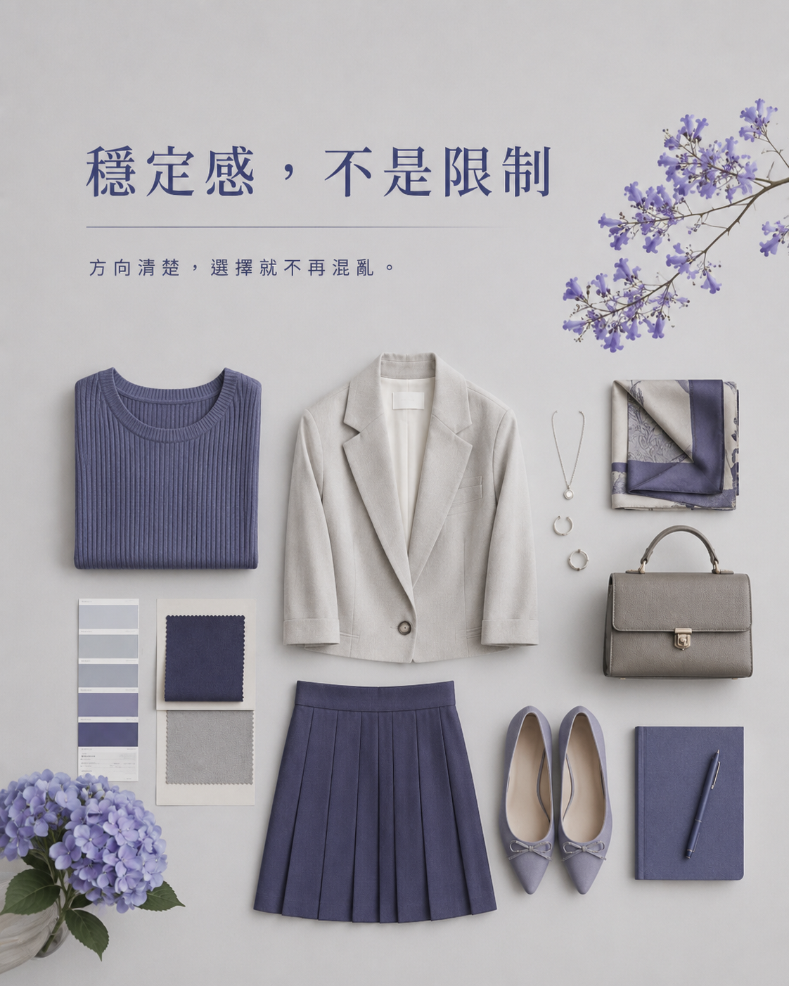 整齊排列的藍紫色衣服、鞋包、配件與繡球花，呈現風格系統降低穿搭混亂