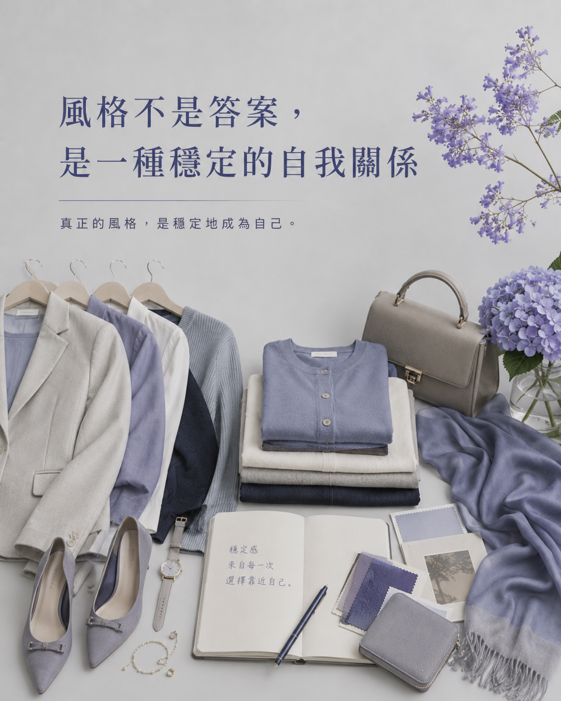 打開的風格筆記本、色票、藍紫色單品與繡球花，呈現越來越信任自己的選衣判斷