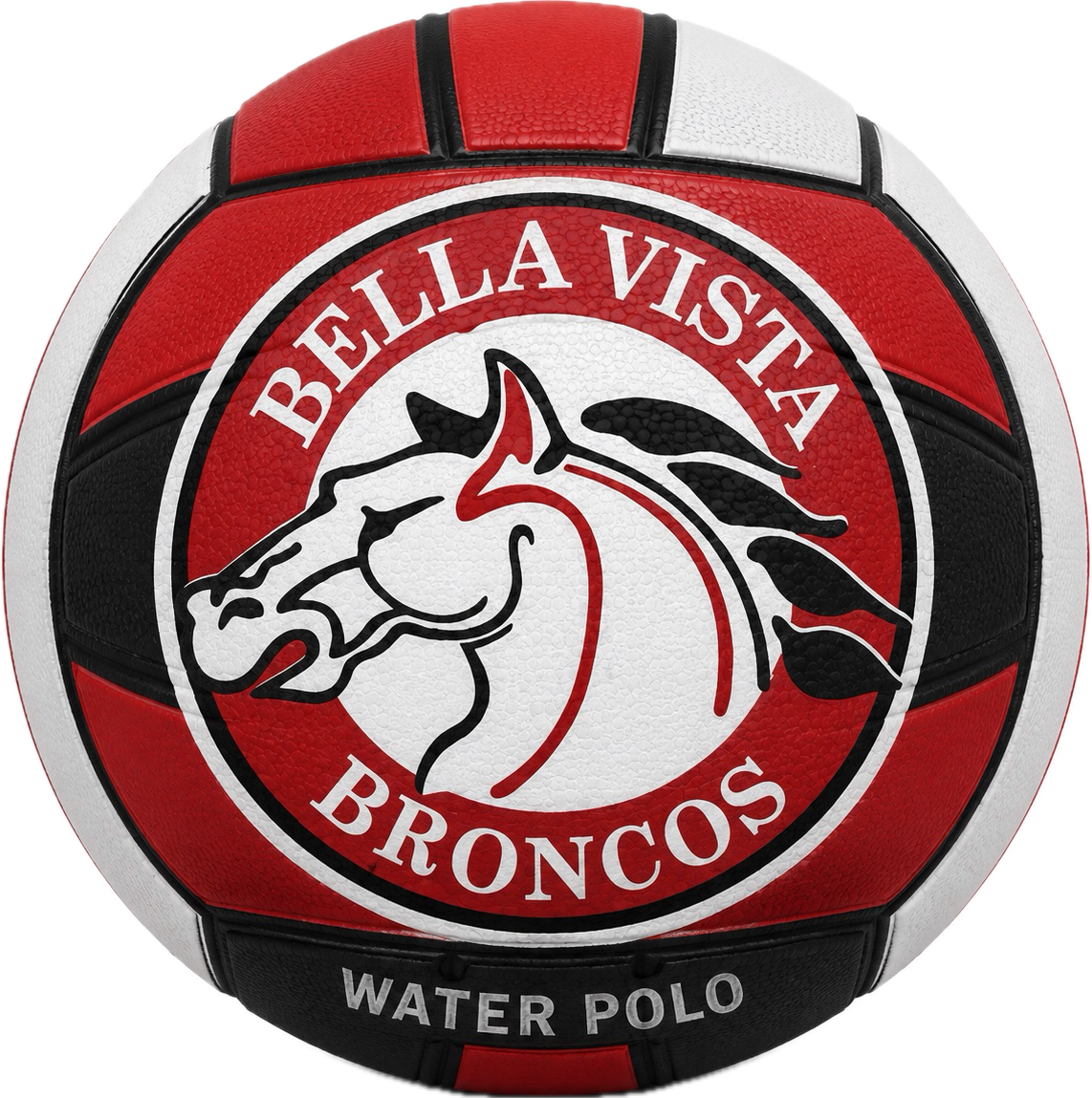 Bella Vista Broncos water polo ball logo in red, white, and black with a horse head emblem