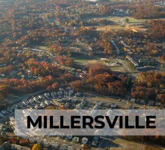 Aerial view of Millersville neighborhood with autumn trees and houses