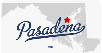 Pasadena, MD logo with blue script text over a gray Maryland outline and red star