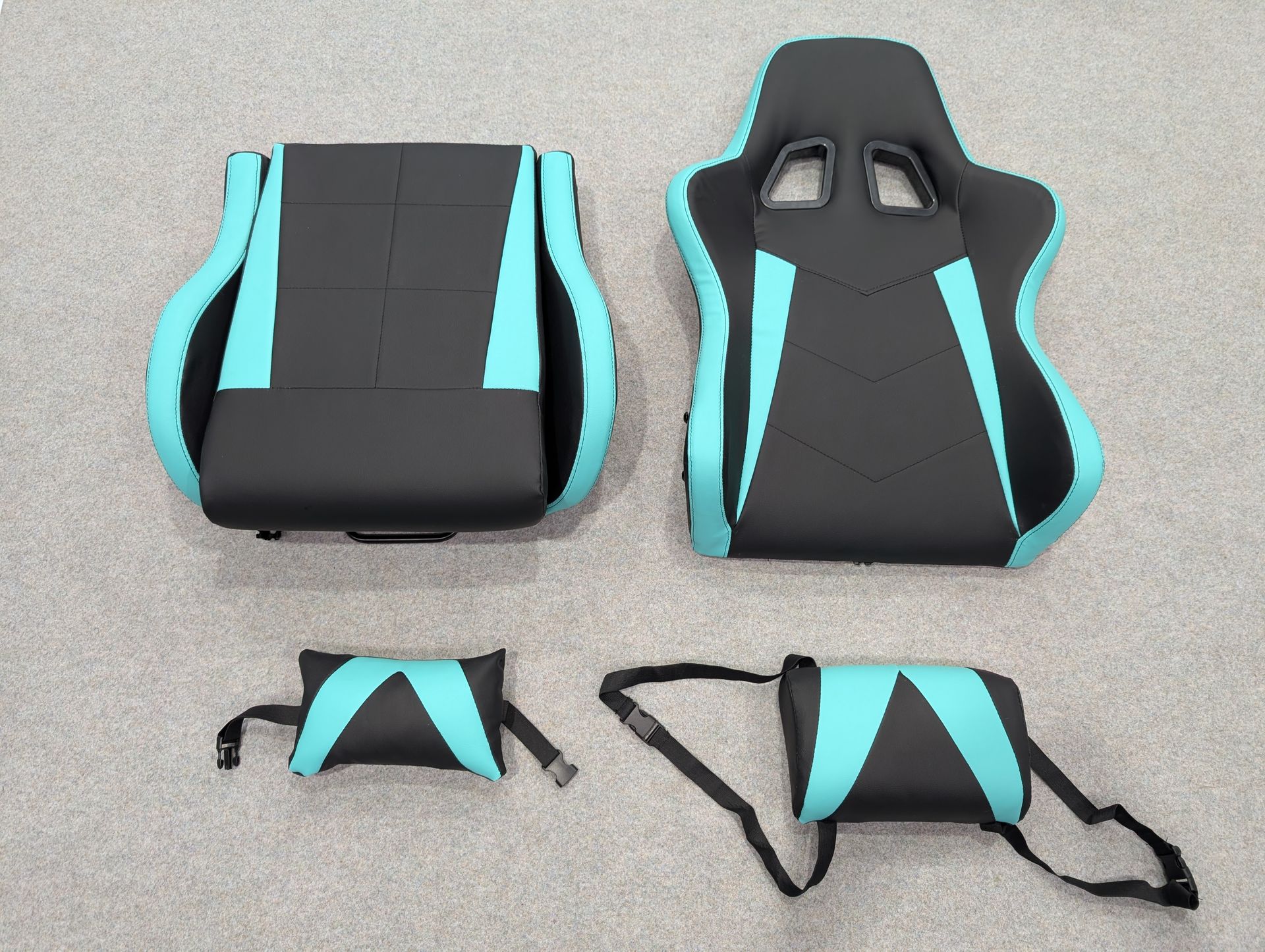 Racing car simulator seat change teal vinyl