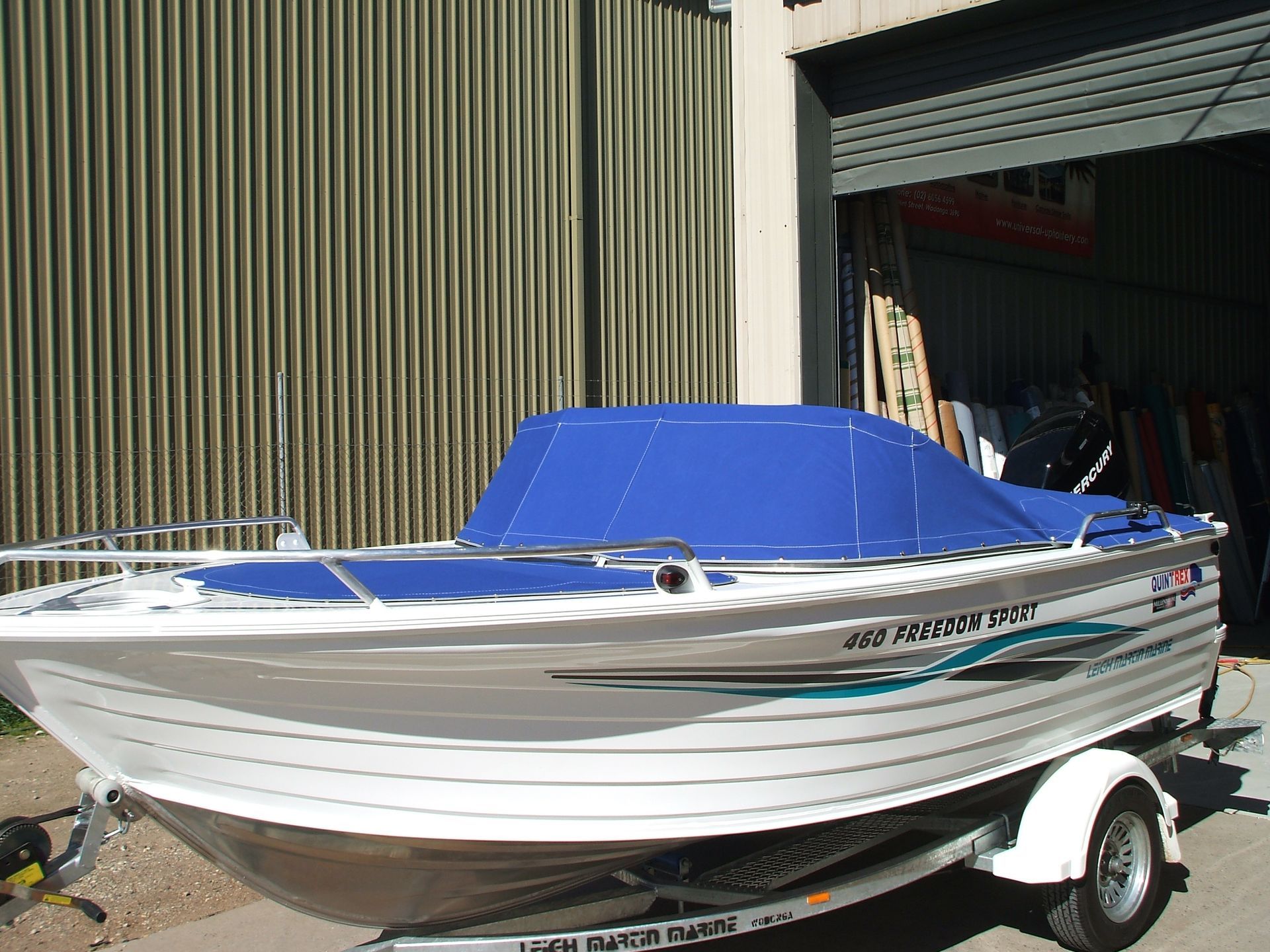 Boat acrylic canvas blue bow and travel cover on Quintrex 460 Freedom Sport