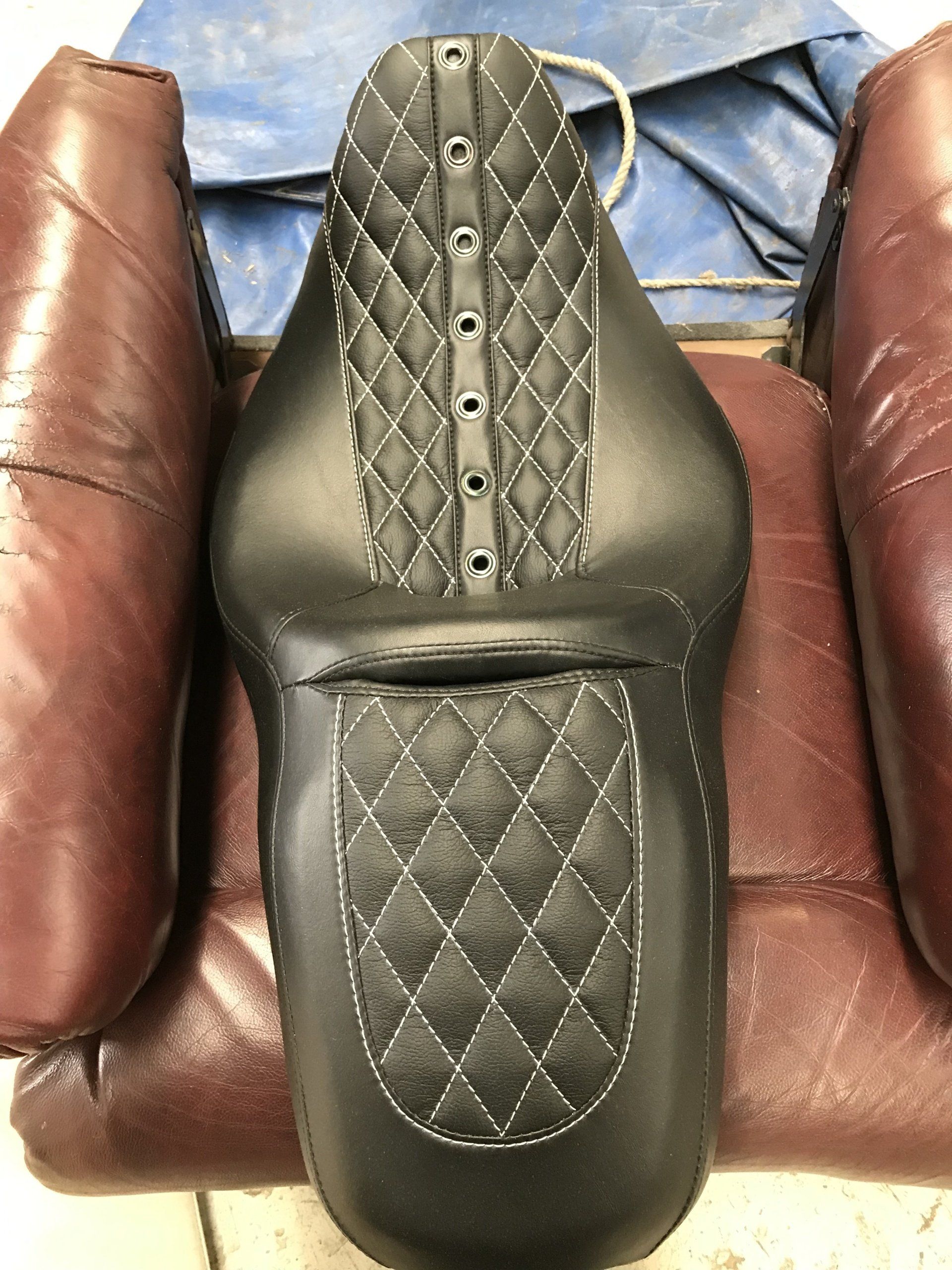 Cross stitch with eyelets custom black Harley seat