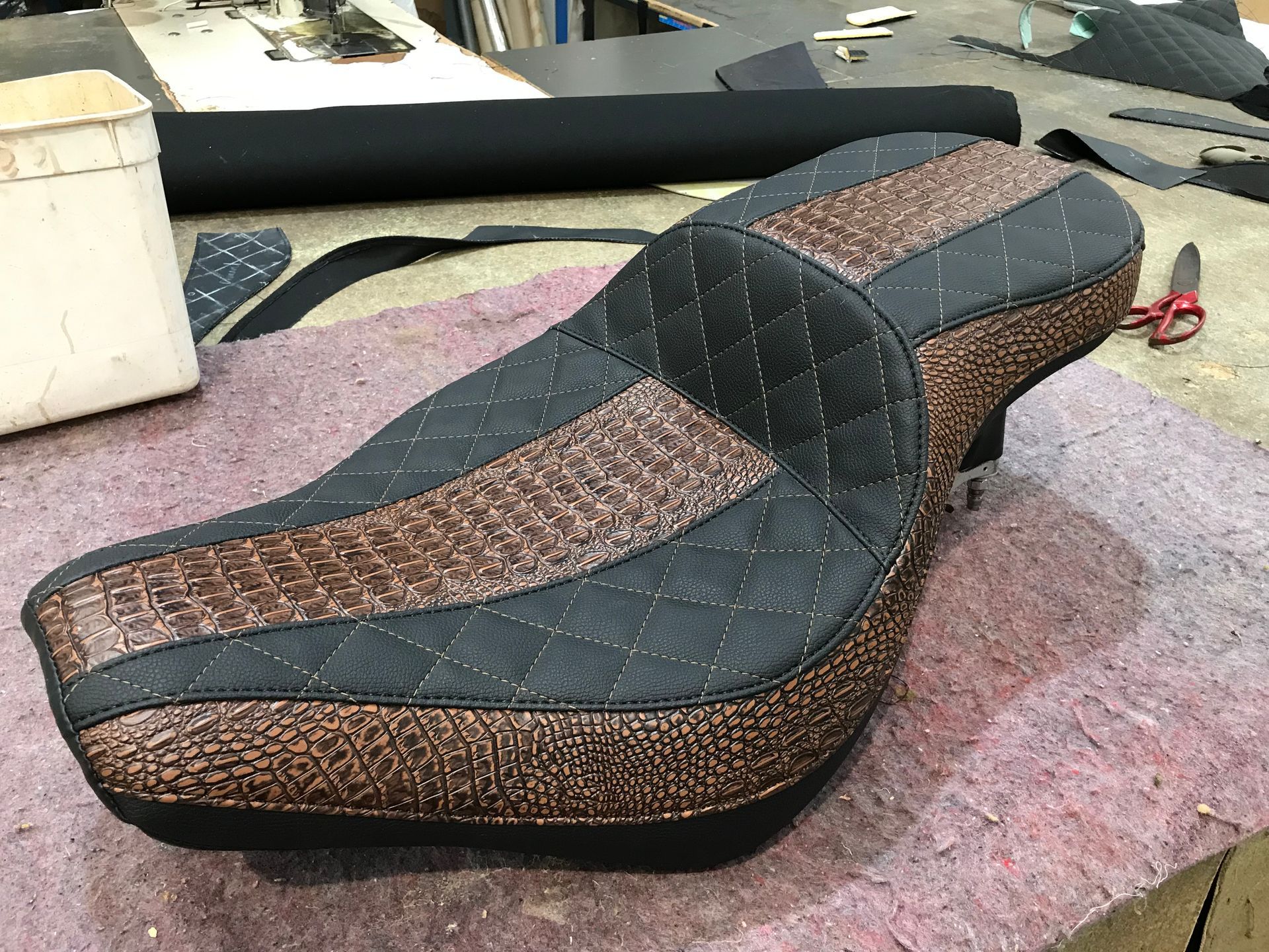 Harley seat black cross stitched with brown croc skin