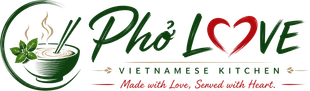 Phở Love Vietnamese Kitchen logo with a steaming bowl and red heart in green and red text