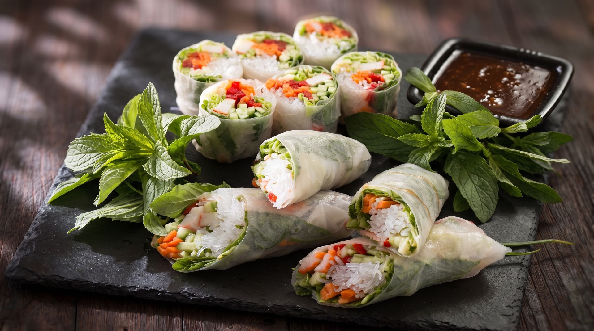Fresh vegetable spring rolls with dipping sauce on a dark wooden table, garnished with mint leaves