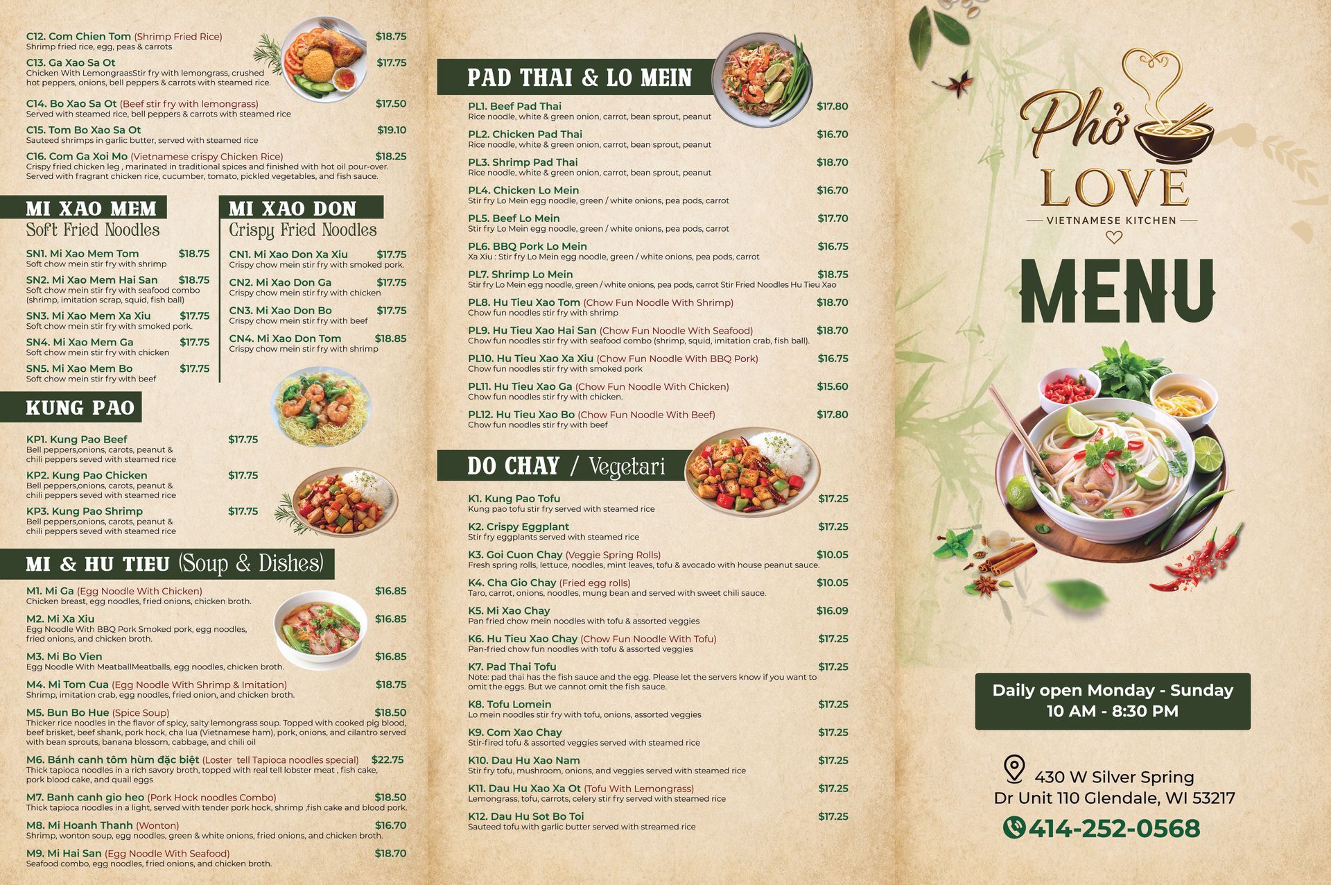 Pho Love menu brochure with beige background, Vietnamese dishes, prices, and bowls of pho