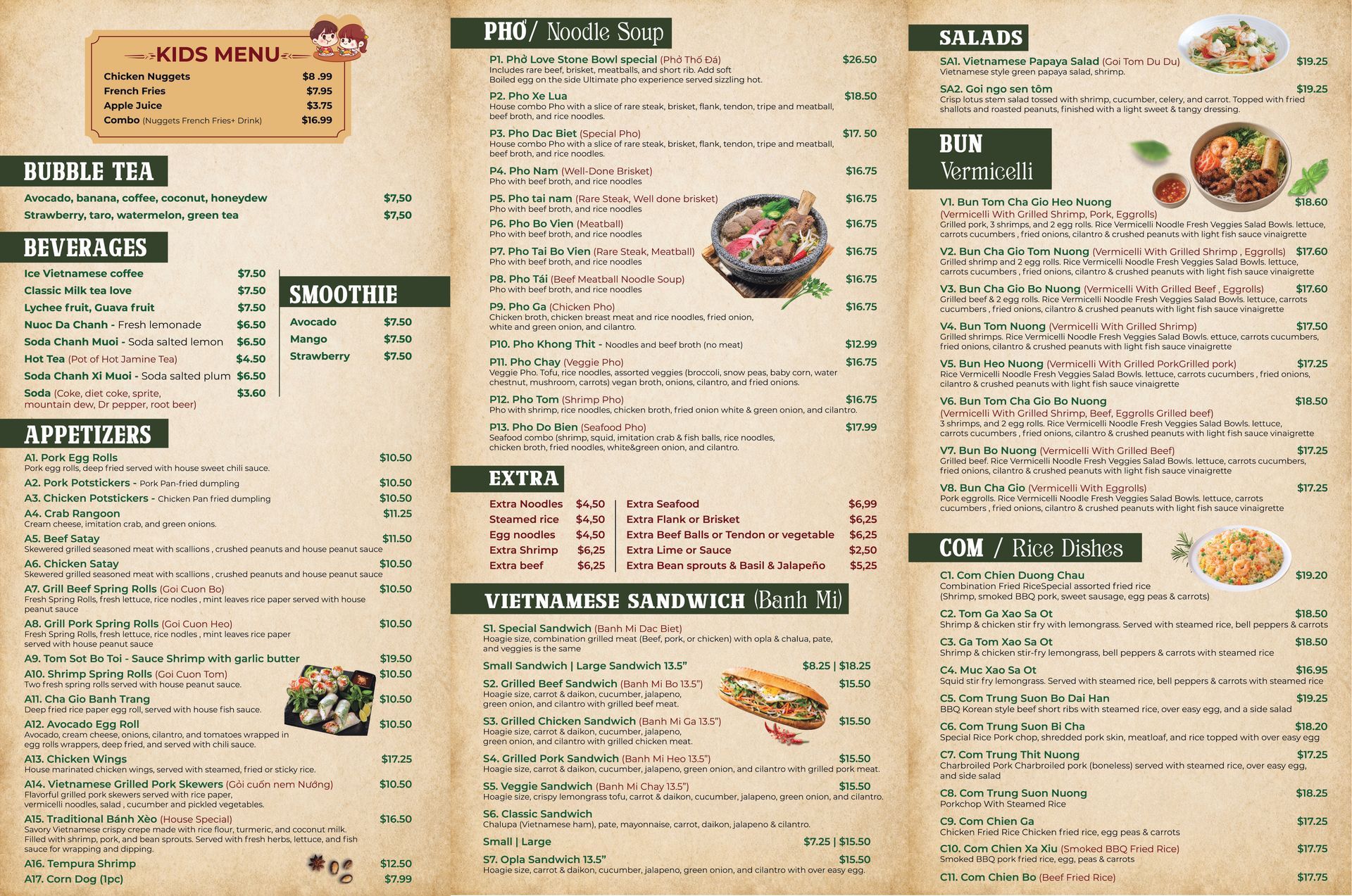 Japanese restaurant menu with several sections, dish photos, and prices on a tan background