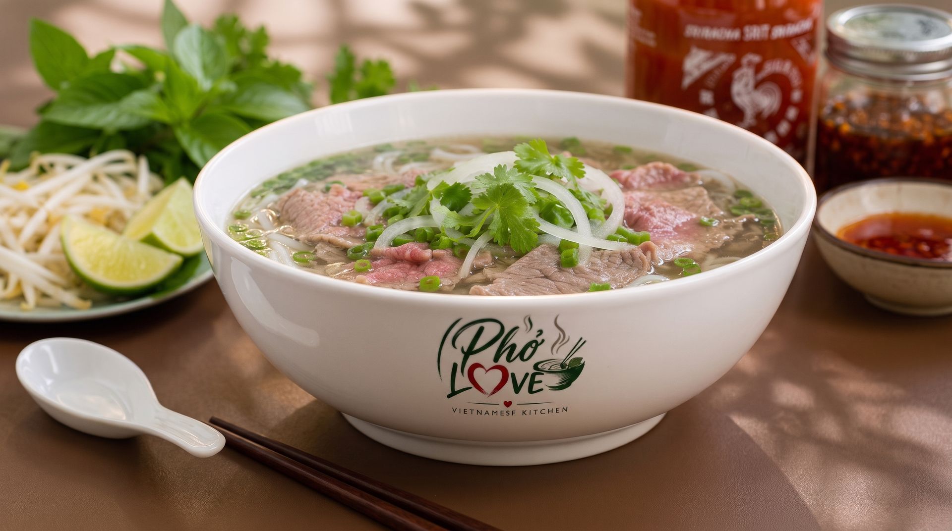Bowl of pho garnished with herbs, beef, lime, and chopsticks