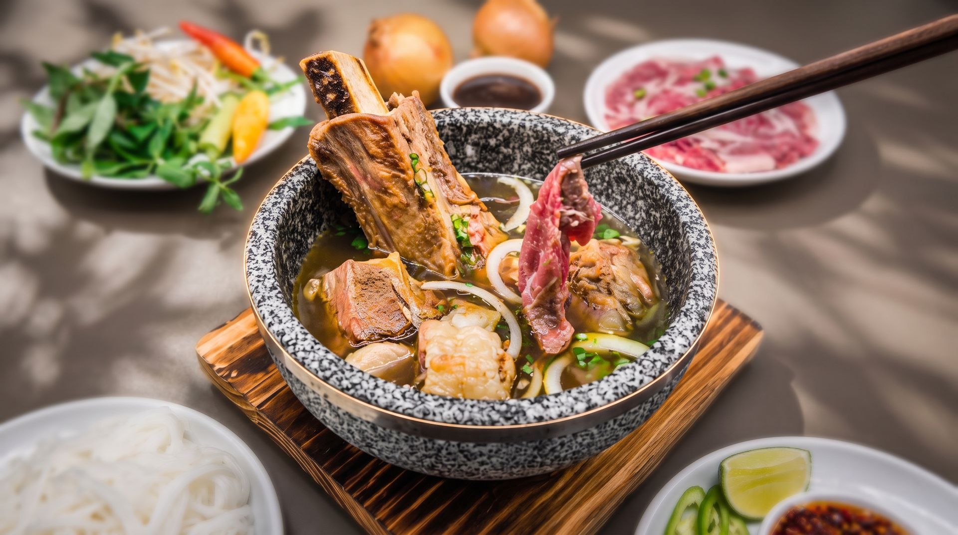 Stone bowl of steaming meat soup with ribs and vegetables, surrounded by side dishes and dipping sauce.