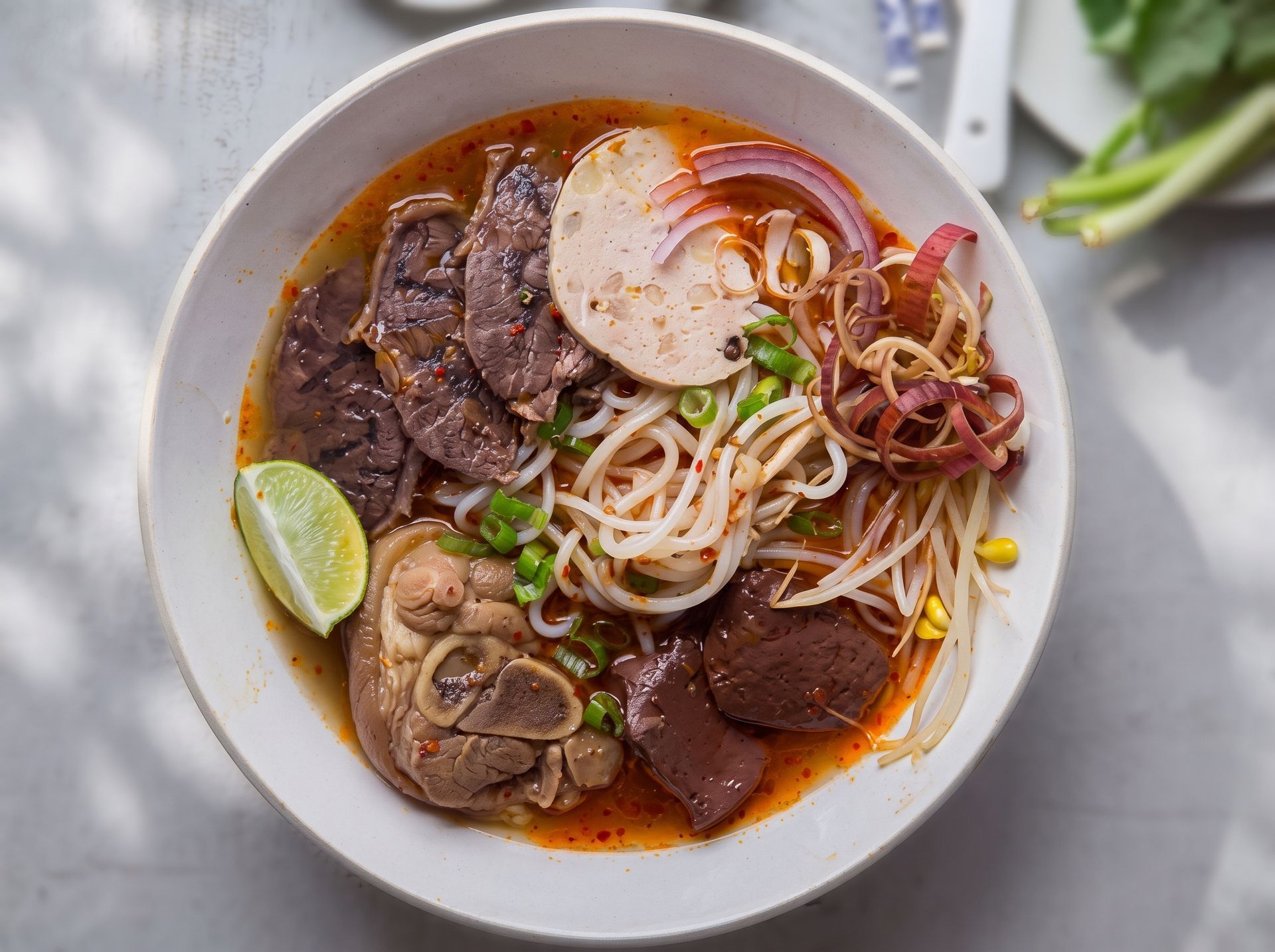 Bowl of noodle soup with sliced beef, herbs, red onions, and a lime wedge on a white table.