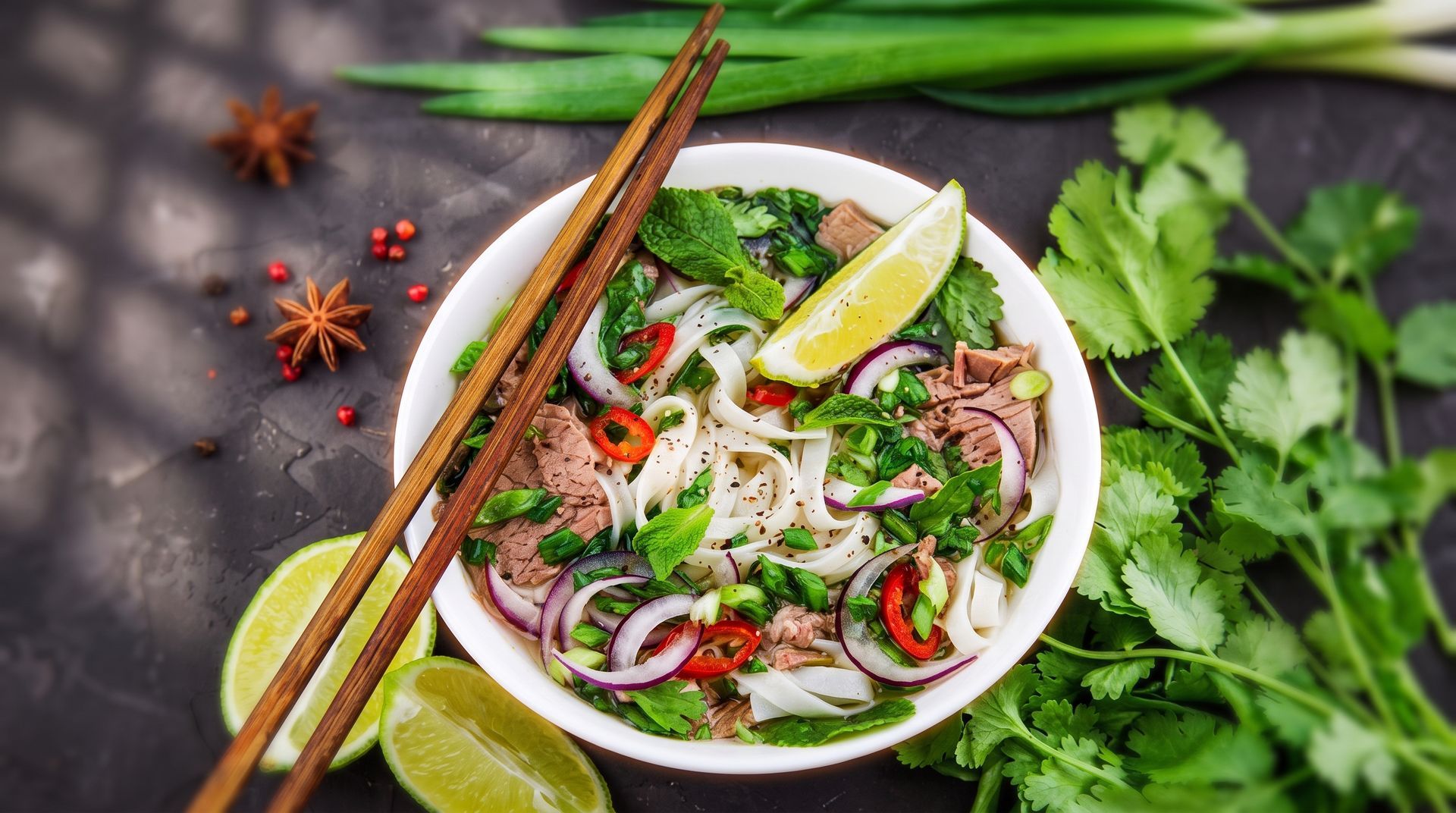 Vietnamese noodle bowl with fresh herbs