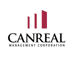 CANREAL Management Corporation logo: Three red upward bars, black text below on a white background.