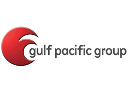 Gulf Pacific Group logo: Red and white stylized wave graphic next to company name.