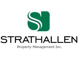 Logo for Strathallen Property Management Inc. features green square with stylized “S”, and name in black.